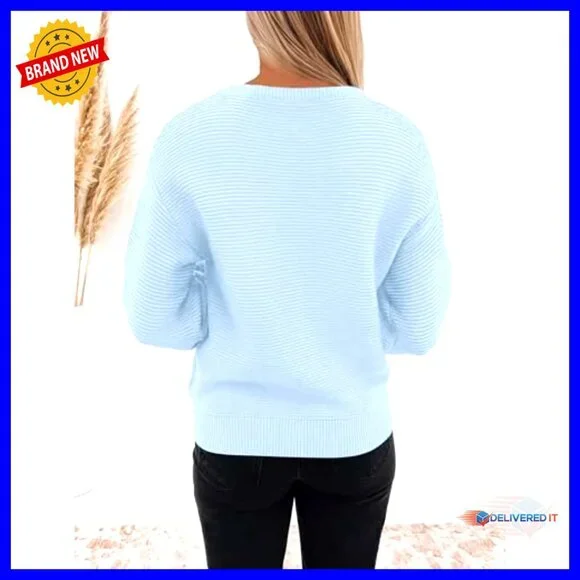 Ribbed Knit Pullover Sweater Oversized Lantern Sleeves Chic Casual Tops - Picture 5 of 7